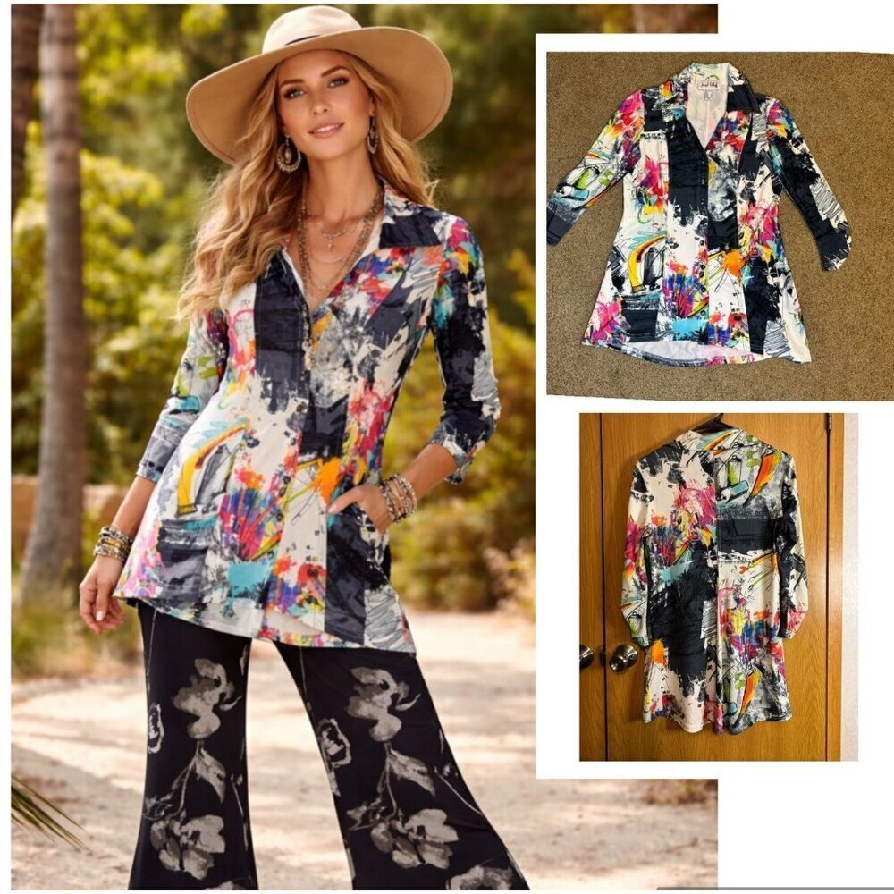 JOSEPH RIBKOFF Rainbow Abstract Artsy Tunic Vneck Button Shirt Sz 6 Hippie 70s